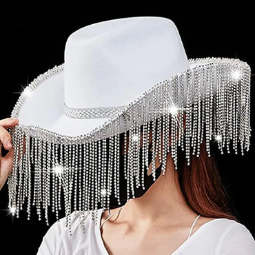 Women Fashion Rhinestone Sequins Fringe Cowgirl Hat Western Cowboy Cap Adjustable Drawstring Wide Brim Party Jazz Top Hat