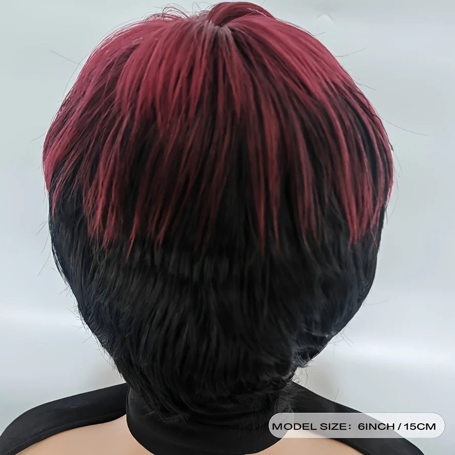 Non-lace-wig Full short wavy pixie cut Synthetic Wig/bang ,color Burgundy 99J/ natural black