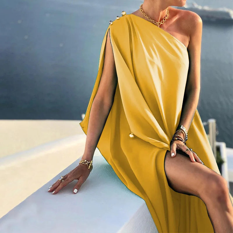 Boho Long Dress Elegant One Shoulder Loose Party Dress Women Sexy Off Shoulder Summer Fashion Button Solid Beach Maxi Dress