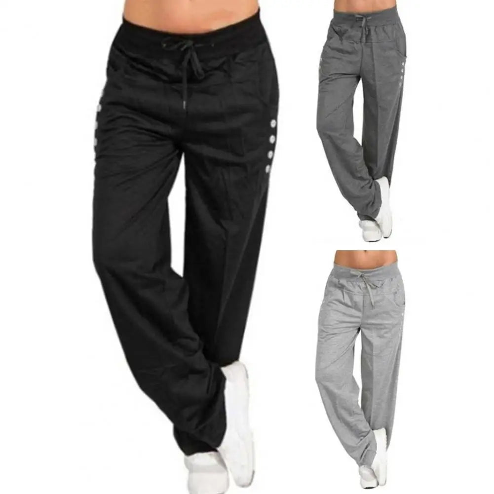 Elastic Waist Trousers Women's Fall Winter Wide Leg Jogging Pants with Drawstring Elastic Waist Button Decor for Gym Sports Yoga