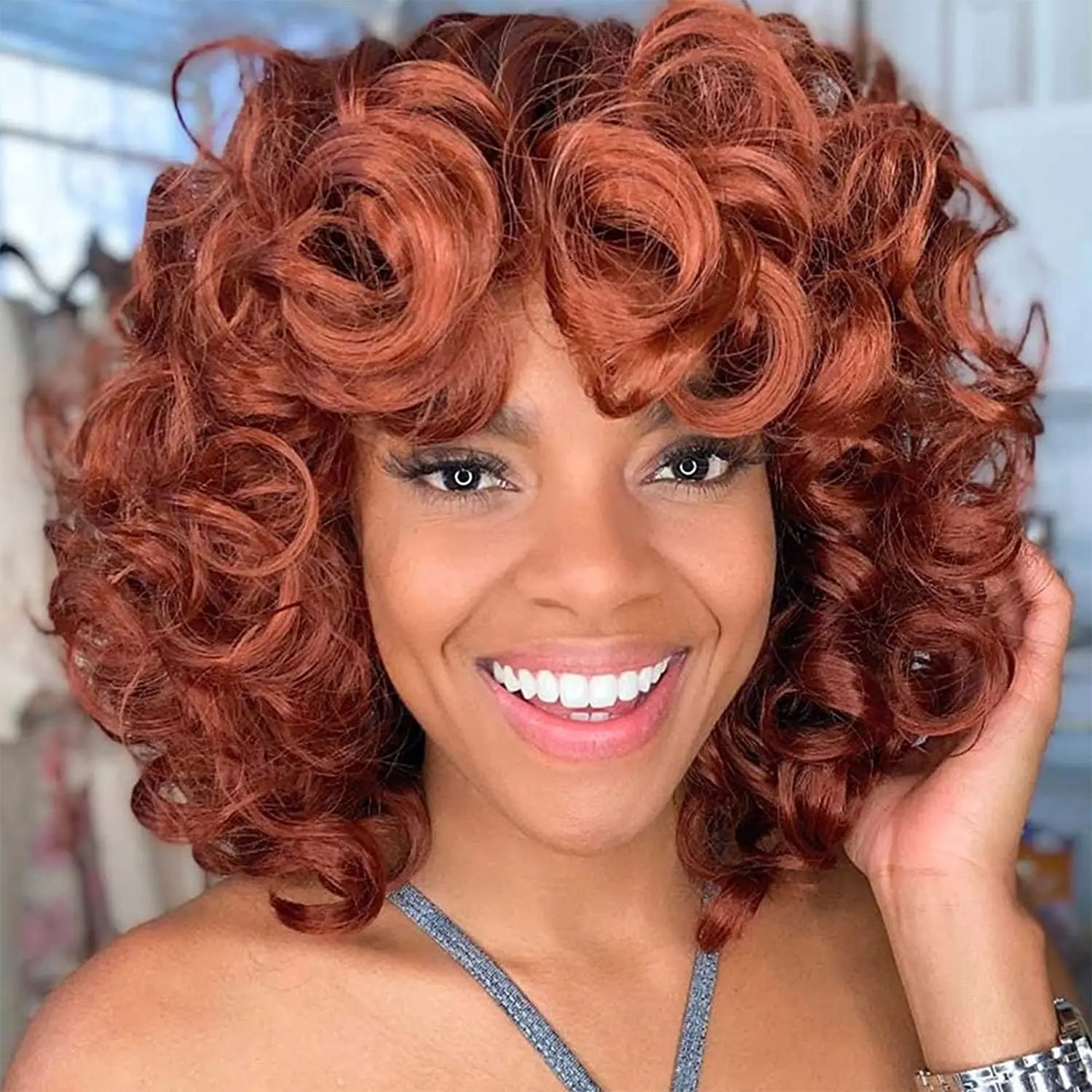 Curly Synthetic Wigs Short Kinky Curly Black Wigs for Women Big Curly Afro Soft Wig with Bangs Heat Resistant Natural Cute Wig