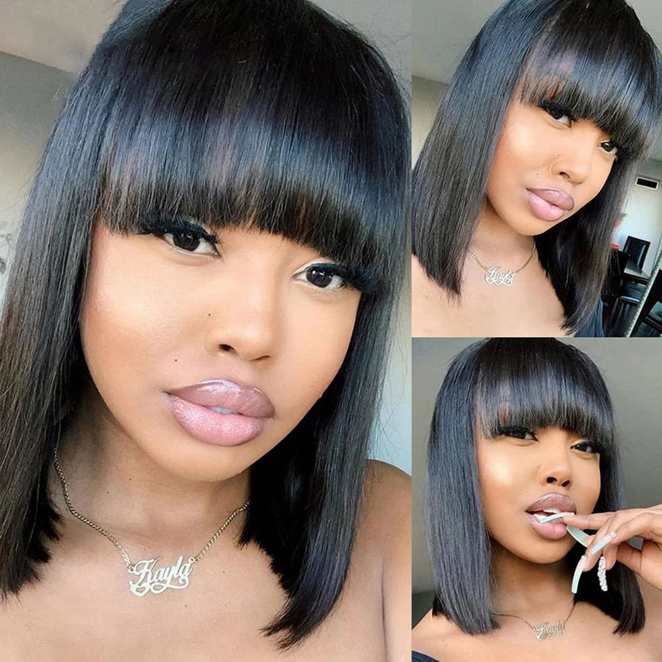 200 Density Short Human Hair Wigs for Women Human Hair Straight Bob Wig with Fringe Machine Made Wigs Perruque Cheveux Humain