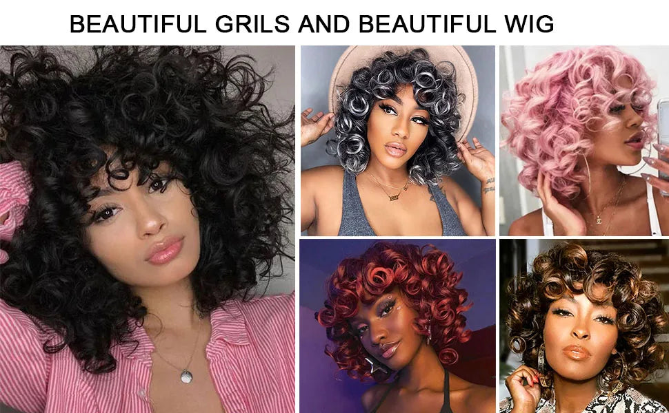 Curly Synthetic Wigs Short Kinky Curly Black Wigs for Women Big Curly Afro Soft Wig with Bangs Heat Resistant Natural Cute Wig