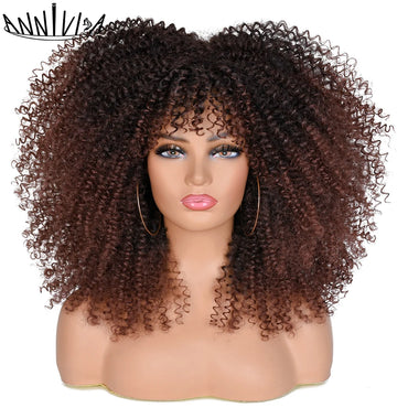 Short Curly Afro Wigs With Bangs Synthetic African Glueless Natural Brown Black Pink Curly Women's Wigs