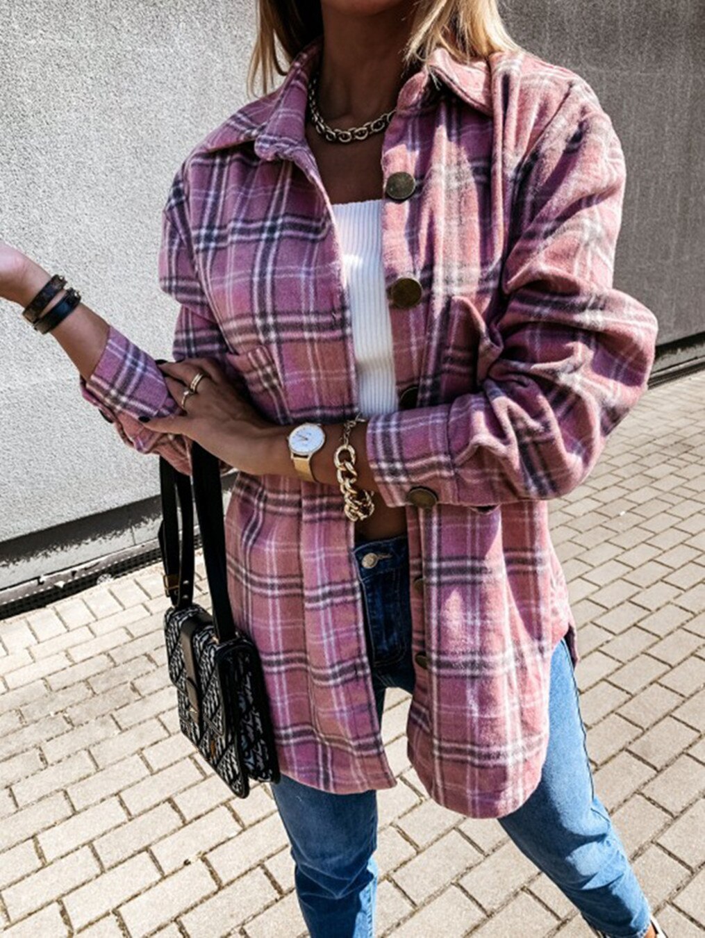 Oversized Women's Plaid Shirt Jackets Plush Long Sleeve Ladies Tops Outwear 2021 Autumn Winter Loose Women Coats