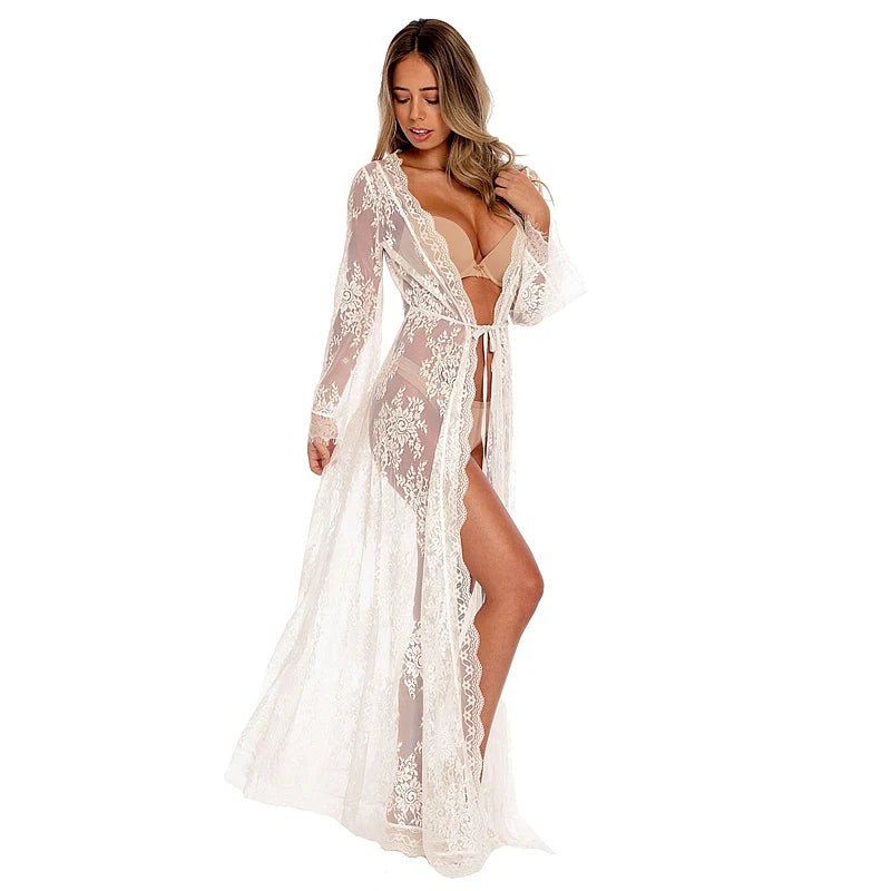 Women Bathrobes Long Nightgowns Lace Sheer Dress White Bridesmaid Robes Femme Sleepwear Kimono Bride Lingerie Porno Nightwear