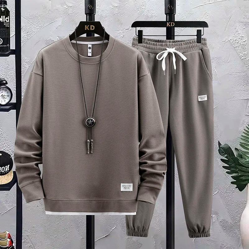 New Men's Tracksuit 2 Piece Waffle Hoodie Sweatsuits Sets Athletic Jogging with Pocket Spring Autumn Casual Sports Suit