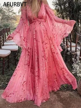 Summer Print Boho Maternity Long Dress for Photo Shoot Bohemian Maternity Photography Body-con Dress V-neck Pink