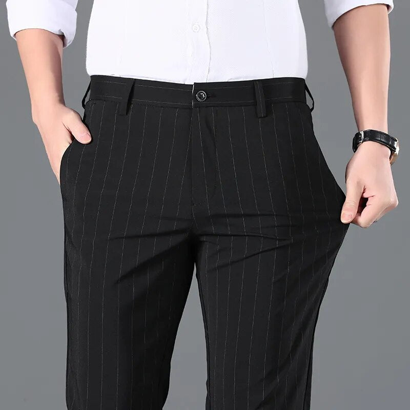 Men Business High-quality Casual Elegant Pants Cotton Soft Loose Stripe  Trousers Suit Slacks Elasticity