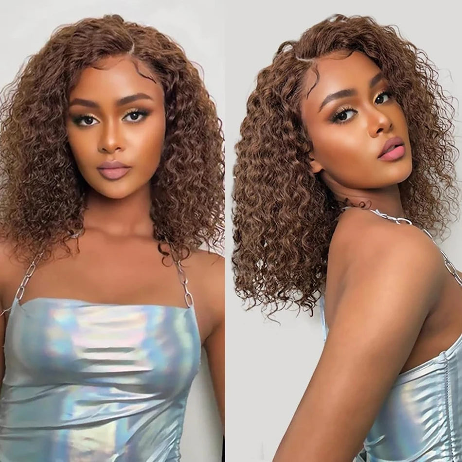 Chocolate Brown Lace Front Kinky Curly Short Bob Wigs Pre Plucked 13x4 HD Transparent Ear To Ear Lace Frontal Human Hair Wigs