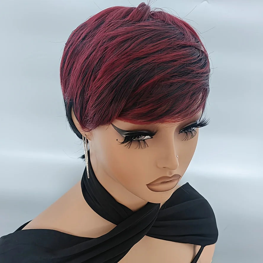 Non-lace-wig Full short wavy pixie cut Synthetic Wig/bang ,color Burgundy 99J/ natural black