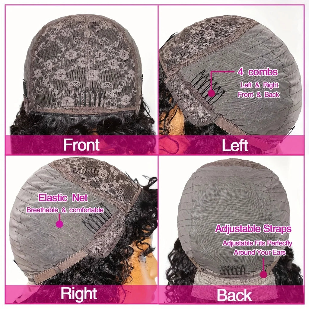 Kinky Curly Wigs Human Hair 100%-8 to 16 Inch Short Bob Wigs with Bangs-Natural-Looking Hairpiece for Everyday Wear Machine Made