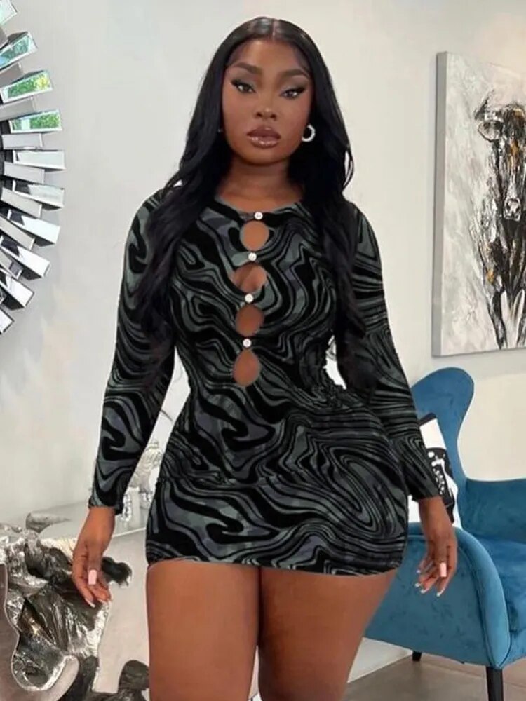 Sexy Swirl Print Mesh Cut Out Bodycon Mini Dress Women Long Sleeve Casual Slim Fit Robe 2022 Spring Fall Party Club Clothes