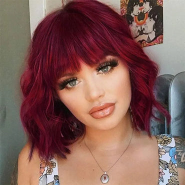 Short Wavy Bob Wigs with Bangs for Women Short Bob Curly Wig Synthetic Hair Wavy Wigs Heat Resistant Fiber Wig