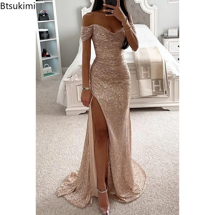 Women's Luxury High Split Club Party Evening Dress Sexy Banquet Slim Waisted Female Dress Elegant V-Neck Slim Long Dress