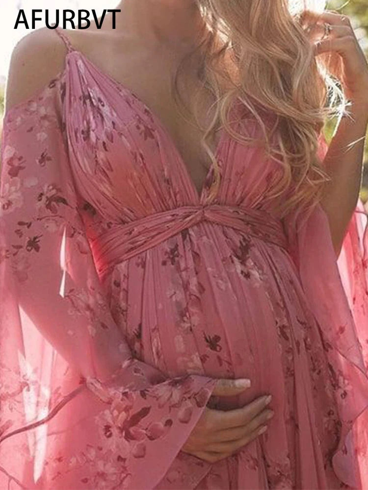 Summer Print Boho Maternity Long Dress for Photo Shoot Bohemian Maternity Photography Body-con Dress V-neck Pink