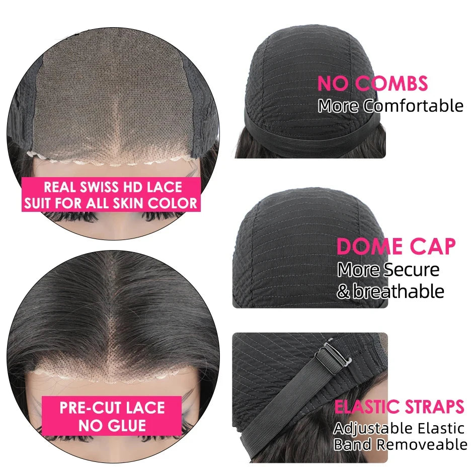 Glueless Wig Straight Bob Lace Closure Wigs For Women Glueless Lace Wigs Human Hair Pre-Cut Lace Wear And Go Wig