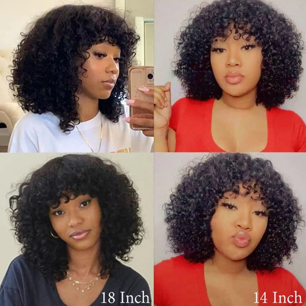 Short Curly Bob Wig With Bangs Natural Black Brazilian Curly Human Hair Wig For Women Machine Made 180% Density