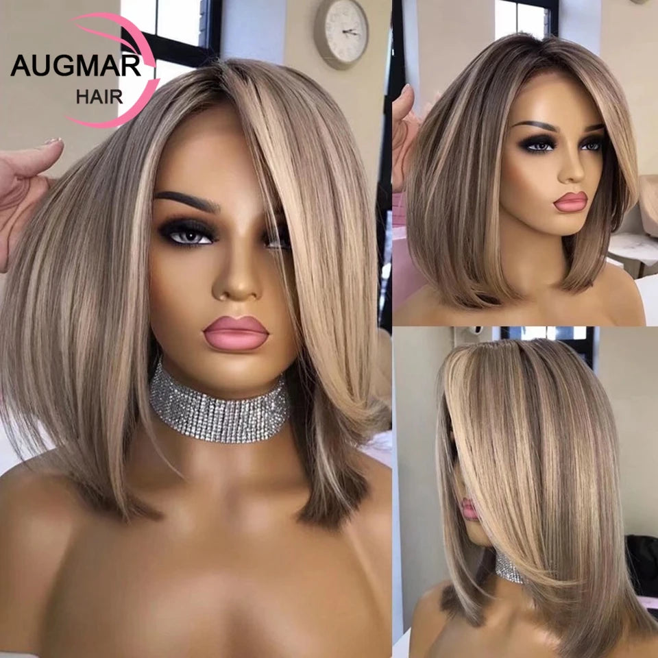 Ash Brown Bob Highlight Wig Human Hair 360 Lace Frontal Wig Pre Plucked 13x6 Short Bob Wig Lace Front Human Hair Wigs For Women