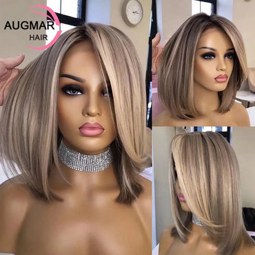 Ash Brown Bob Highlight Wig Human Hair 360 Lace Frontal Wig Pre Plucked 13x6 Short Bob Wig Lace Front Human Hair Wigs For Women