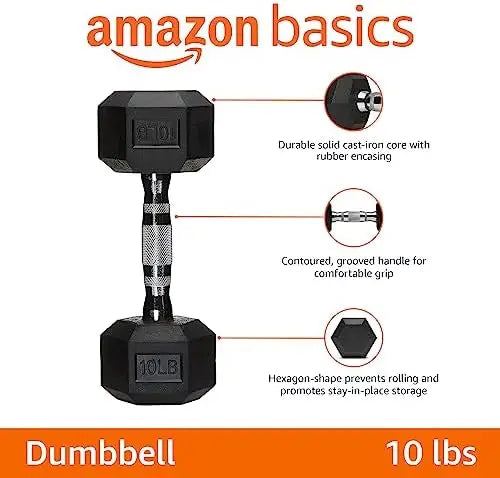 Basics Rubber Encased Exercise & Fitness Hex Dumbbell, Hand Weight For Strength Training
