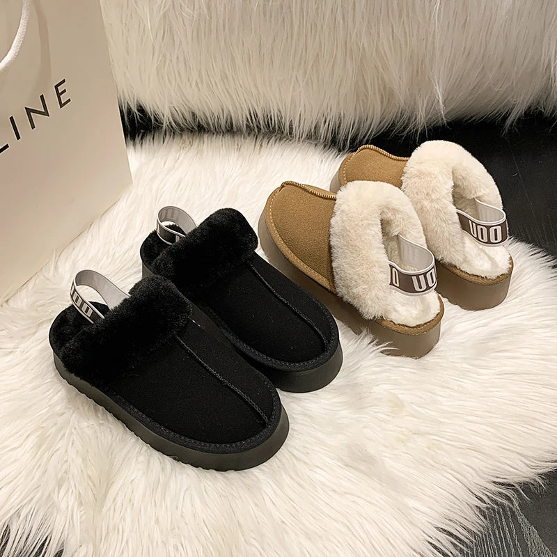 Keep Warm Women's Slippers Retro Home Cotton Flat Shoes Cross Fluffy Snow Boots 2023 New Autumn Winter