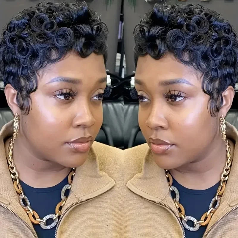 Short Curly Human Hair Wigs Perruques cheveux humains Wig with Bangs Machine Pixie Cut Wig Afro Kinky Curly Wig Bob Wig