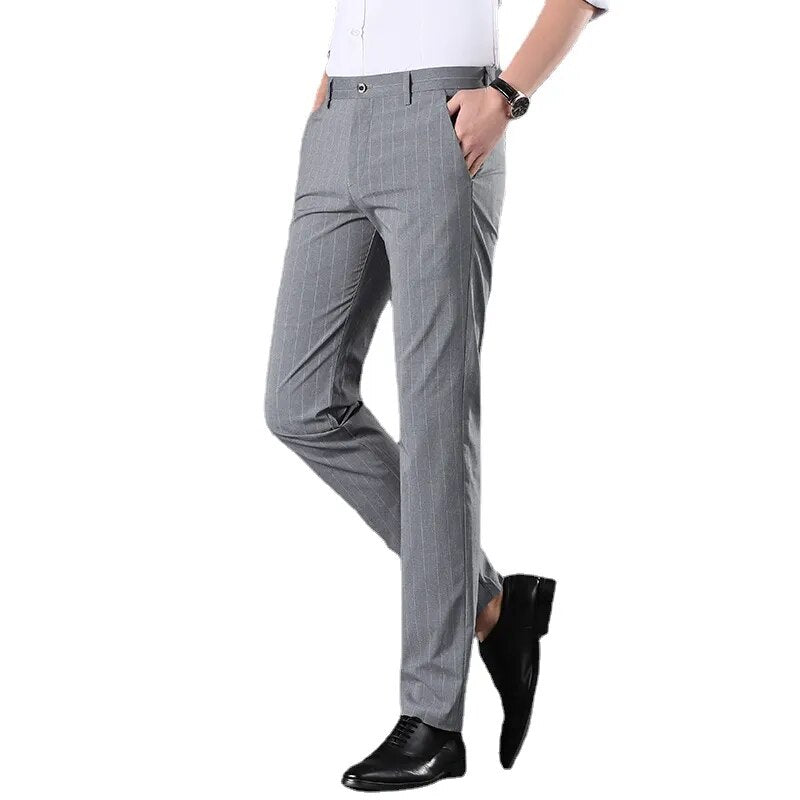 Men Business High-quality Casual Elegant Pants Cotton Soft Loose Stripe  Trousers Suit Slacks Elasticity