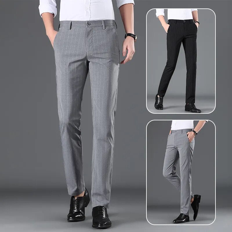 Men Business High-quality Casual Elegant Pants Cotton Soft Loose Stripe  Trousers Suit Slacks Elasticity