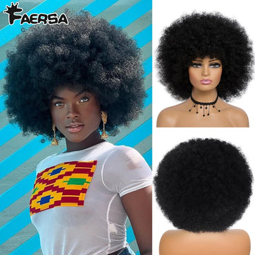 Short Hair Afro Kinky Curly Wigs With Bangs For Black Women African Synthetic Ombre Glueless Cosplay Natural Blonde Red Blue Wig