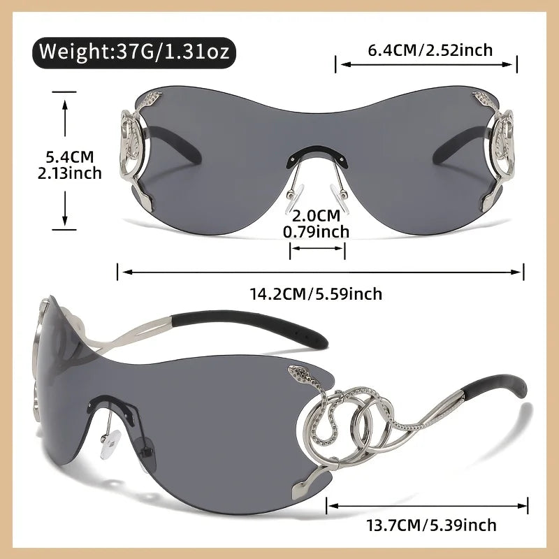 Y2K Style Sunglasses with Snake Pattern Decoration: Zinc Alloy Rimless Design, PC Lenses, Metal Hinges Perfect Street Fashion.