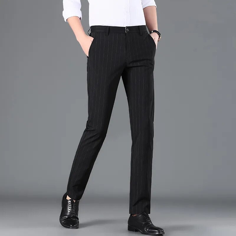 Men Business High-quality Casual Elegant Pants Cotton Soft Loose Stripe  Trousers Suit Slacks Elasticity