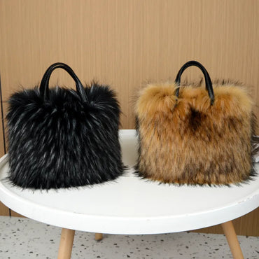 Luxury Design Women's Faux Fur Handbag Winter Soft and Fluffy Large Capacity Tote Bag High Quality Pu Splicing Shopper Purses