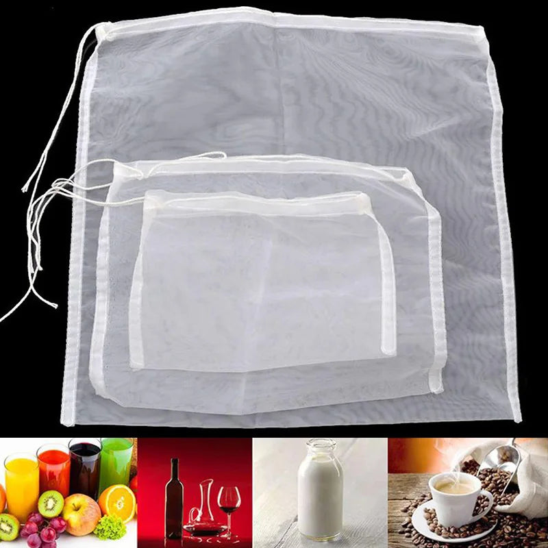 New Mesh Soy Milk Wine Filter Bag Nut Milk Bag Tea Coffee Oil Yogurt Filter Net Kitchen Food Reusable Nylon Filter Bags Strainer