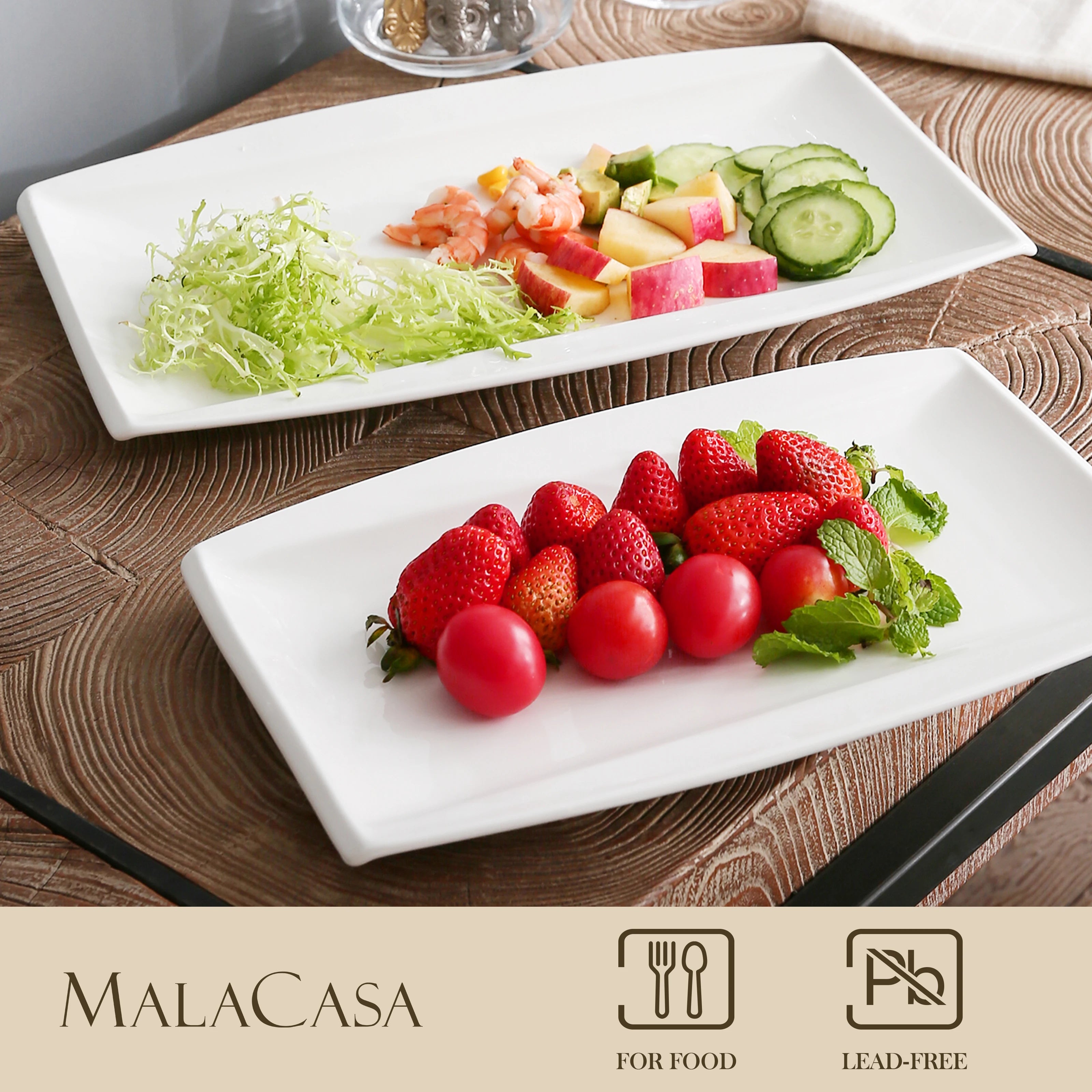 MALACASA Blance 4-Piece Porcelain Dinner Plate Sets with 11"&13.25" Rectangular Plate Set Dessert Plate Serving Platter Tray