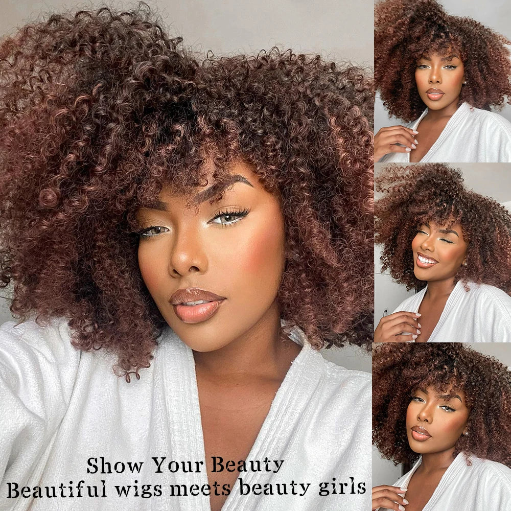 Short Curly Afro Wigs With Bangs Synthetic African Glueless Natural Brown Black Pink Curly Women's Wigs