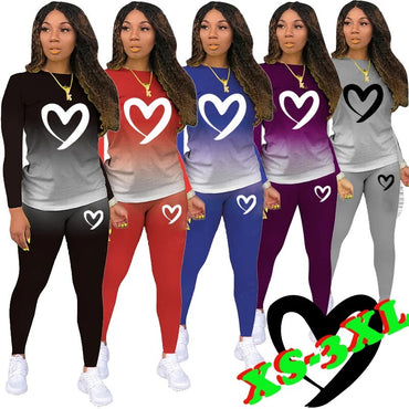 Fashion Heart Printed Womens Suit Tops Pants Two-piece Set Outfits Ladies Jogging Tracksuits