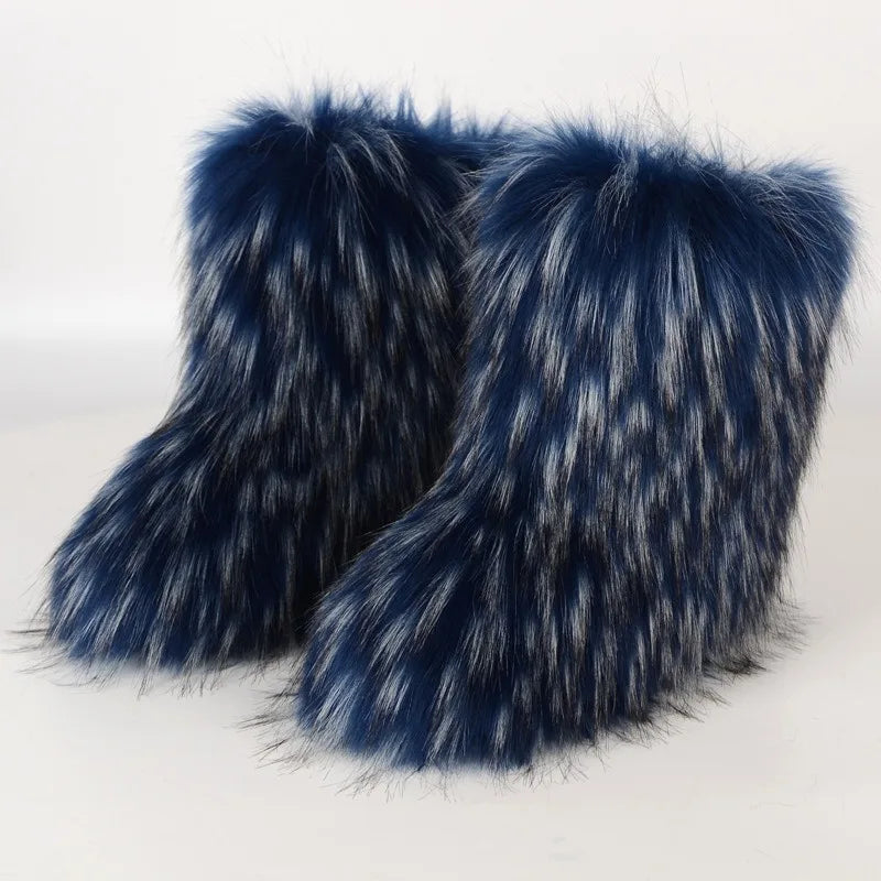 Women's Winter Fluffy Faux Fox Fur Boots Woman Plush Warm Snow Boots Luxury Footwear Girls' Furry Fur Bottes Fashion Winter Shoe