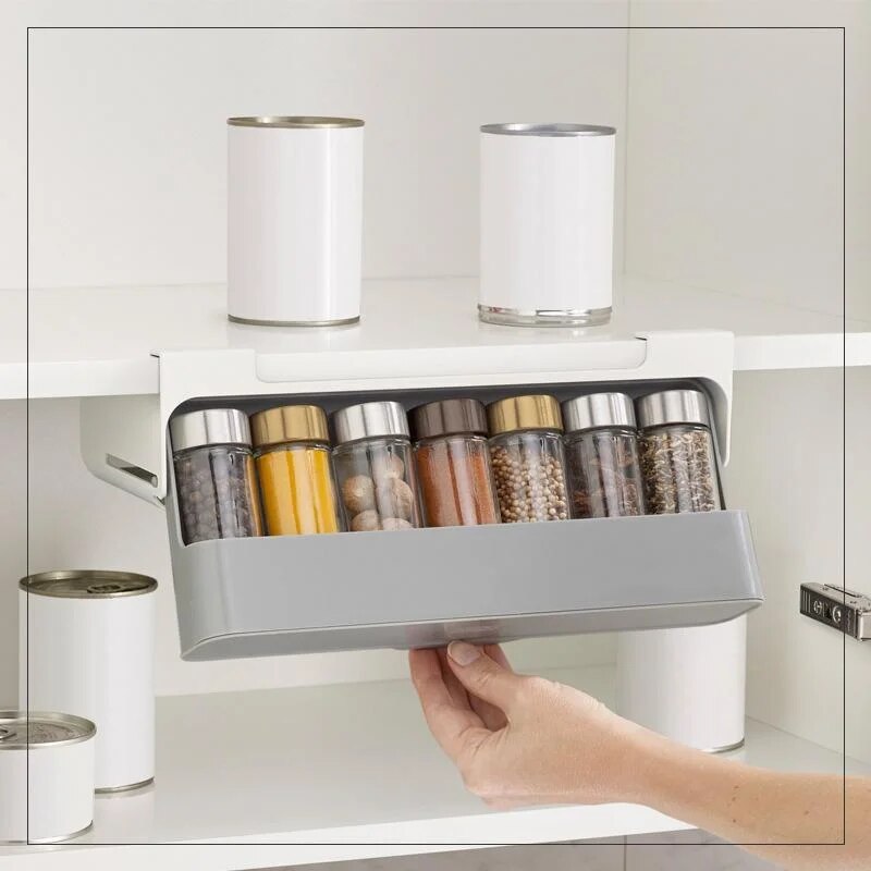 Home Kitchen Self-adhesive Wall-mounted Under-Shelf Spice Organizer Spice Bottle Storage Rack Kitchen Supplies Storage