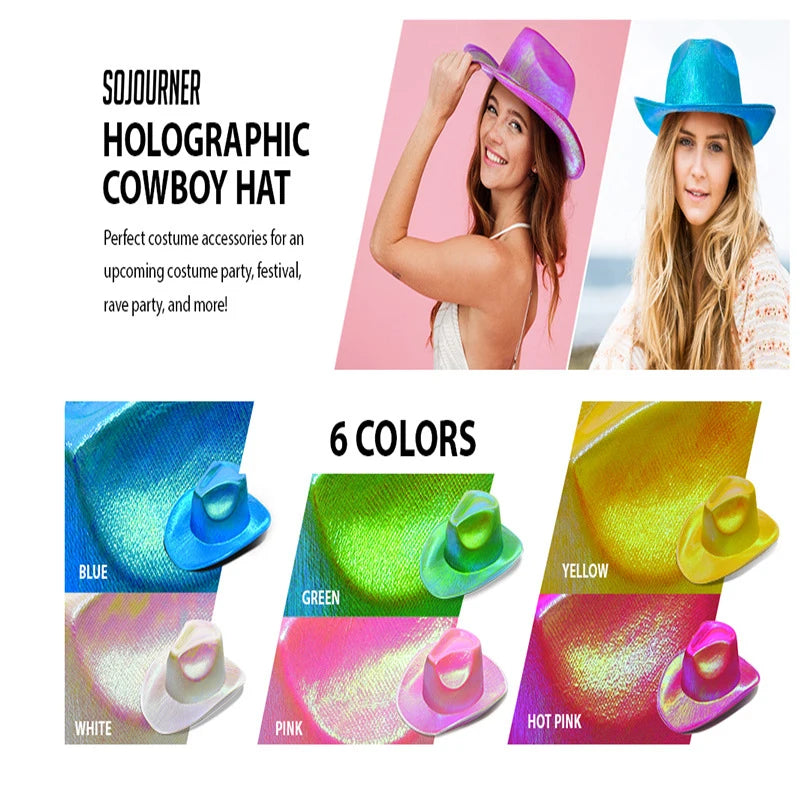 1PCS Women Wide Brim Caps Western Cowboy Hat Pearlescent Blinking Lights Cowgirl Hat For Party Holiday Costume