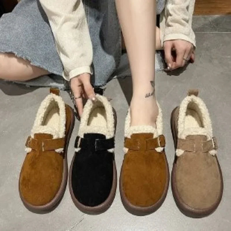 Women's Warm Thicken Plush Snow Boots Female Winter New Faux Suede Platform Cotton Slippers Woman Flat Cotton Padded Fluffy Shoe