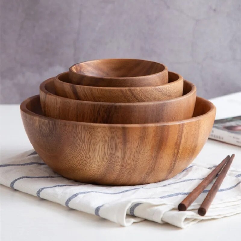 Acacia wood size solid wood bowl Japanese children anti-scalding wooden bowl whole wood soup bowl fruit salad bowl set