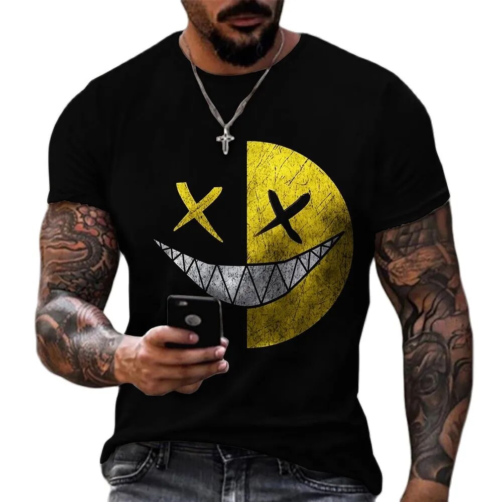 Funny XOXO Smiling Face Graphic 3D Printed Men's T-shirts Street Fashion Casual Sports Shirt Male O-Neck Oversized T-Shirt Tops