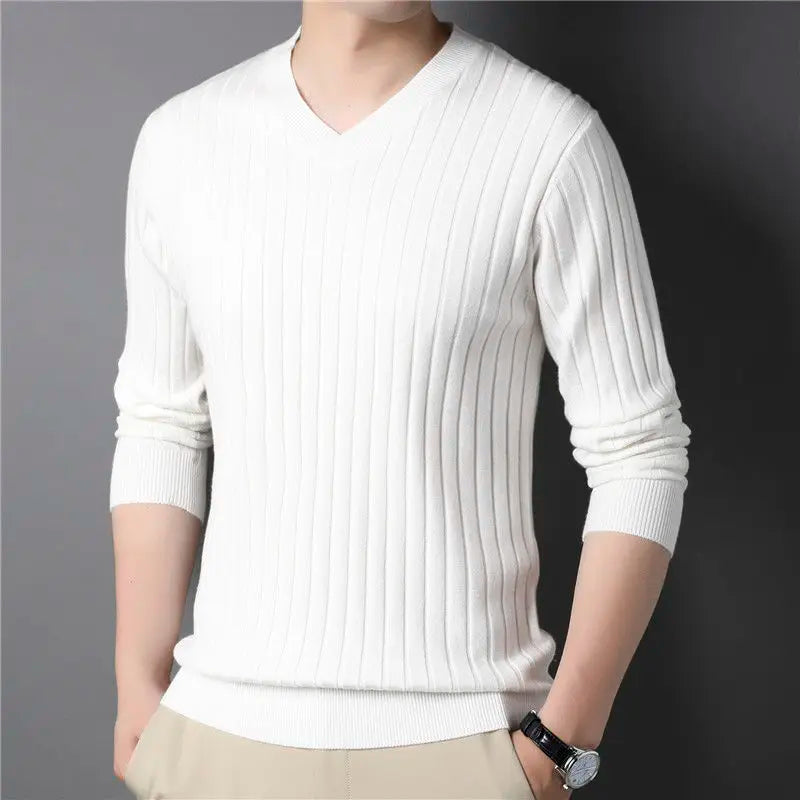 Autumn Winter New Men V-neck Sweater Solid Vertical Stripes Casual Korean Fashion Slim Long Sleeve Bottoming Knitted Pullovers