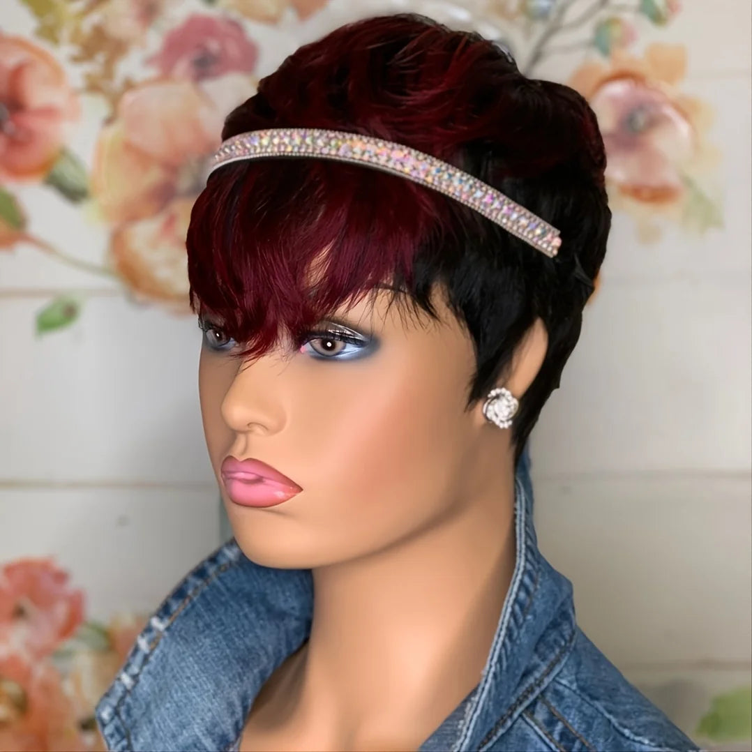 Non-lace-wig Full short wavy pixie cut Synthetic Wig/bang ,color Burgundy 99J/ natural black