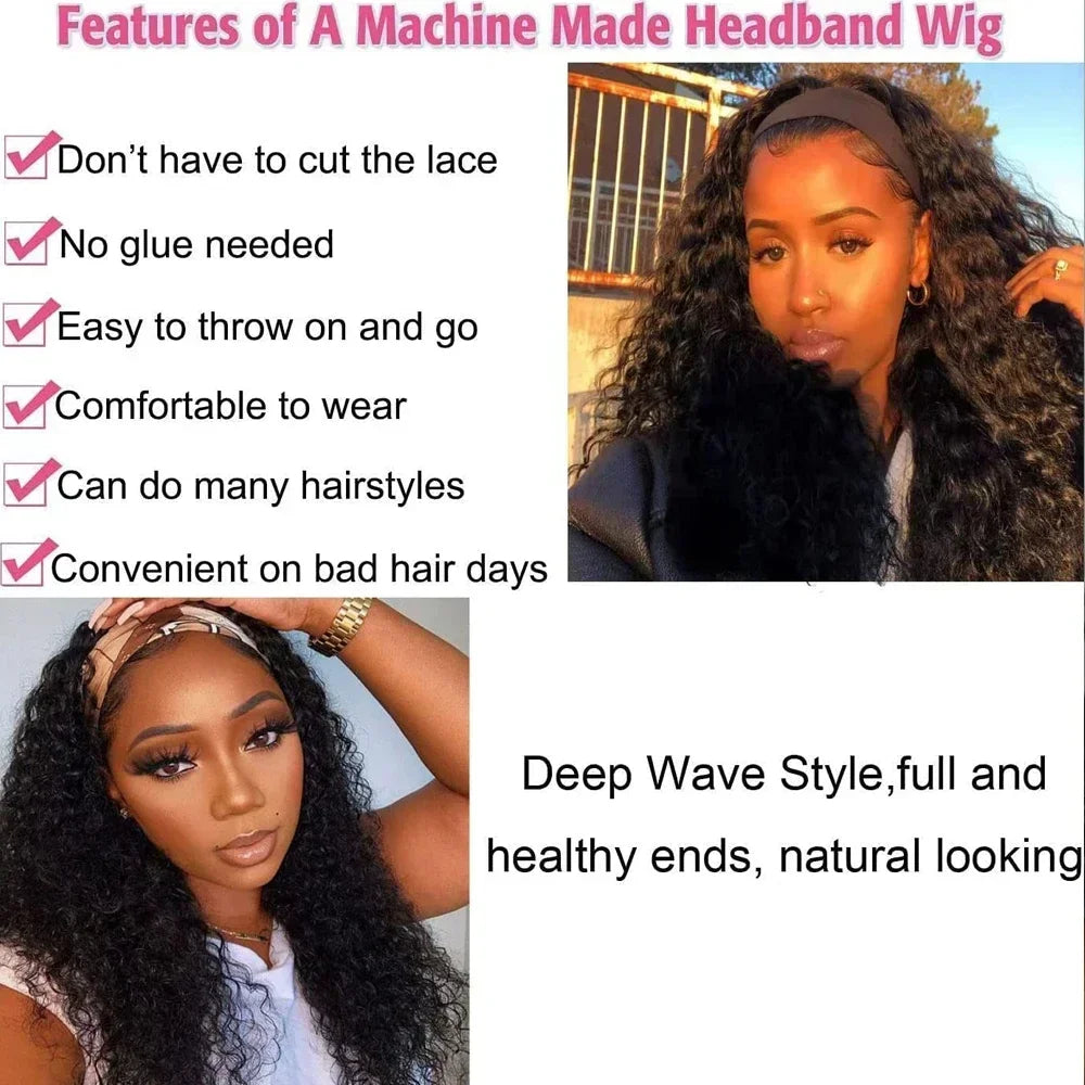 Glueless Curly Wigs With Headband Deep Wave Curly Headband Wigs For Black Women Brazilian Remy Human Hair Wear and Go Wigs
