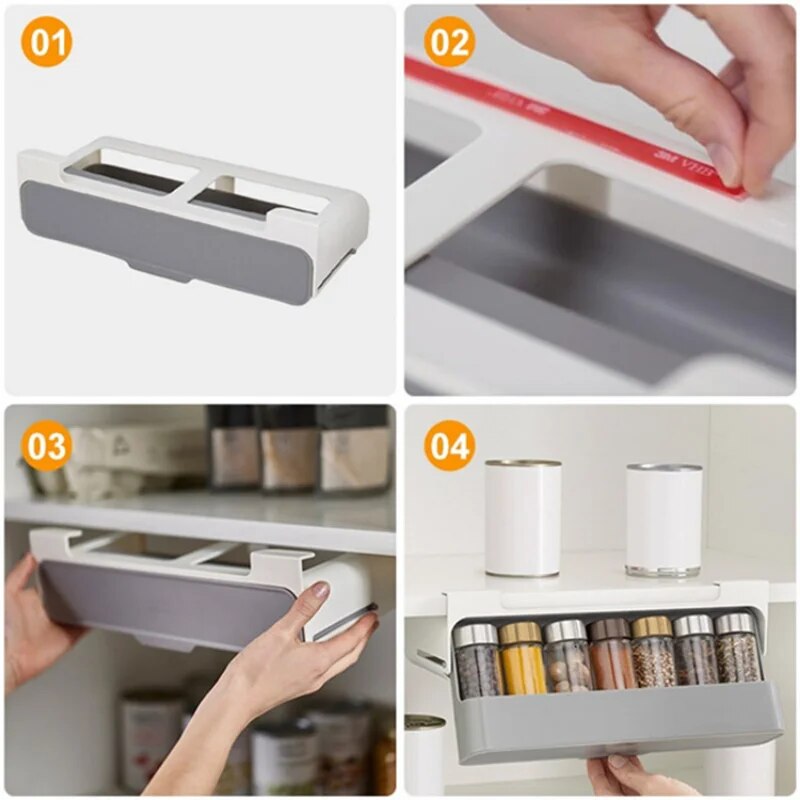 Home Kitchen Self-adhesive Wall-mounted Under-Shelf Spice Organizer Spice Bottle Storage Rack Kitchen Supplies Storage