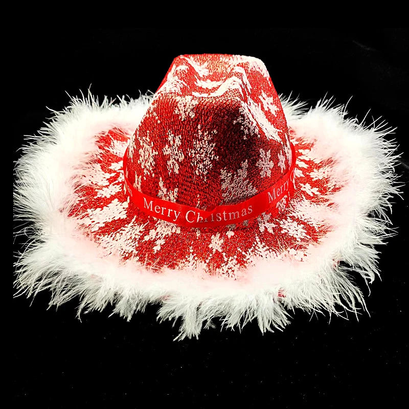 Christmas Feather Edge Cowboy Hat Wide Brim Snowflake Pattern Letter Ribbon Cowgirl Hat Party Accessories New High Quality