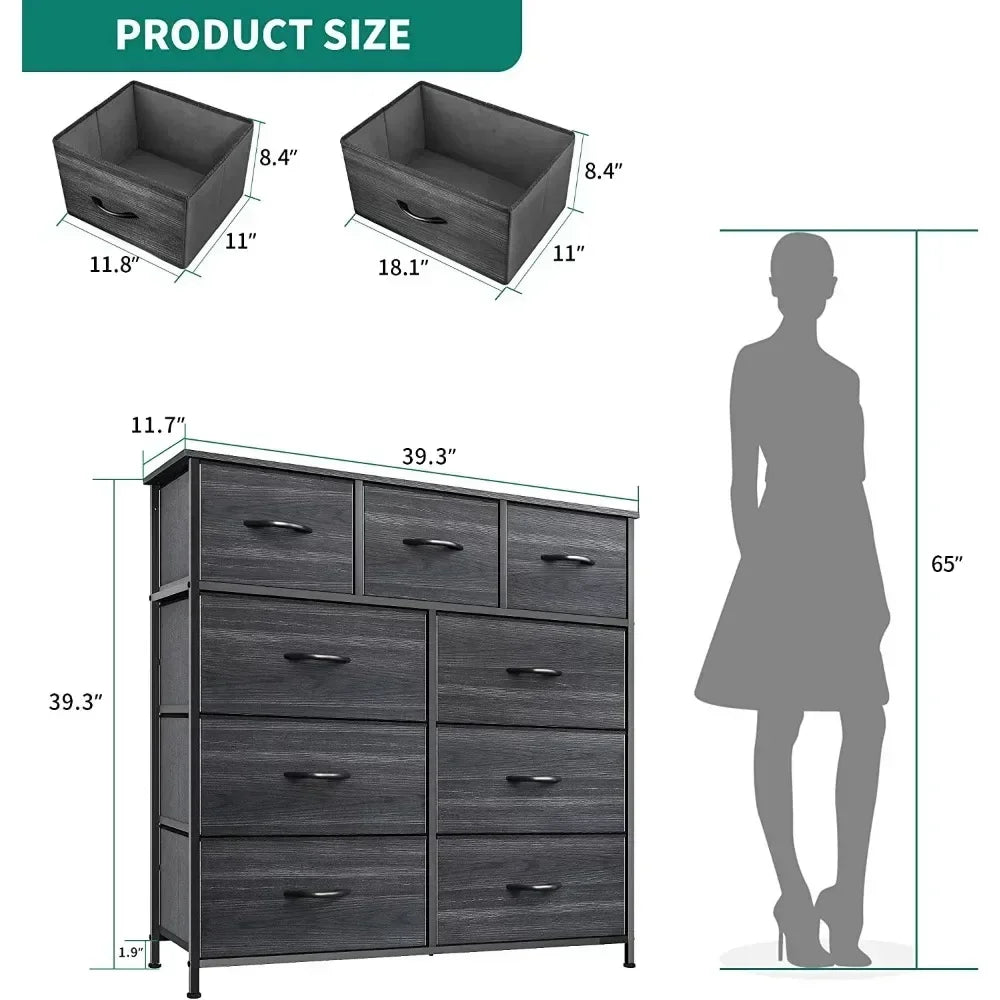 Dresser with 9 Drawers  for Bedroom- Fabric Storage Tower, Organizer Unit Sturdy Steel Frame, Wooden Top & Easy Pull Fabric Bins