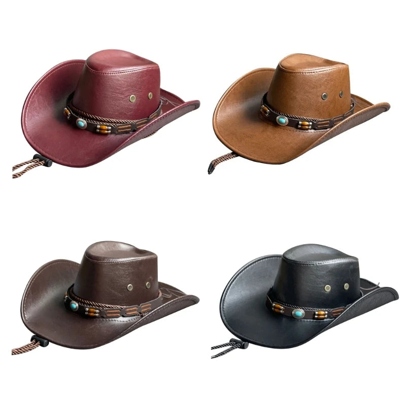 Wide Brim Fedora Cap Cowboy Hat Ethnic Style Magician Hat with Belt Adult Women Men Cosplay Costume Halloween Accessory